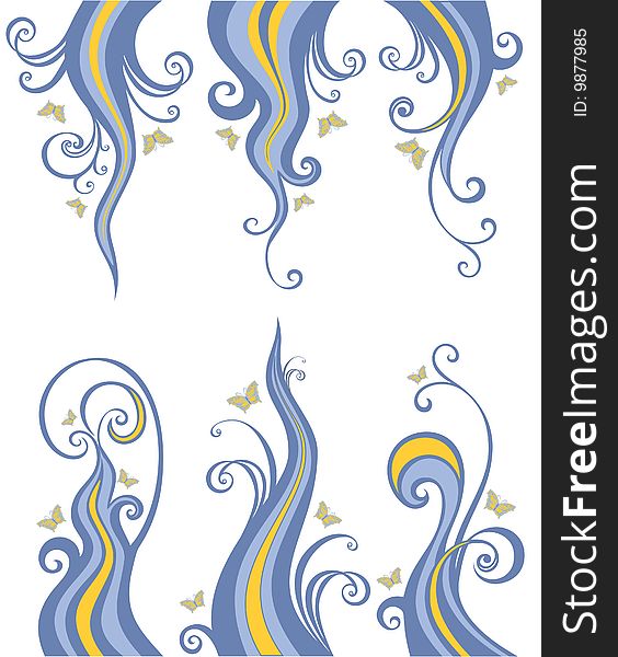 Blue floral design element with butterfly