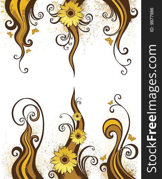 Brown design element with yellow flowers and butterfly