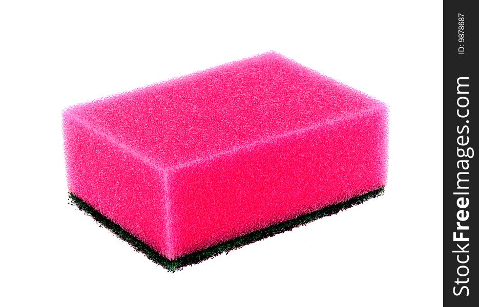Pink sponge for washing of dirty ware and work on kitchen. Isolated.