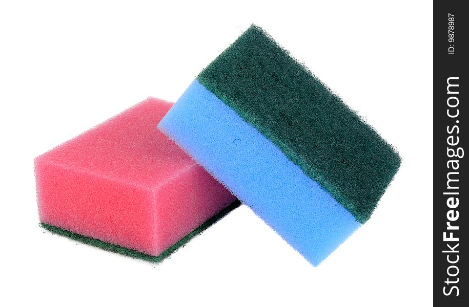Two sponges for washing of dirty ware and work on kitchen. Isolated.