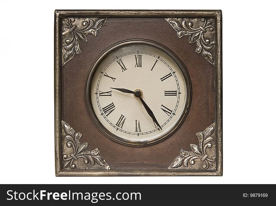 Old clock with wooden metal, isolated on white. Object with Clipping Paths