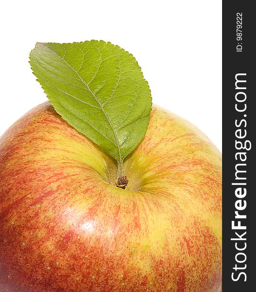 Red apple with leaf on white background