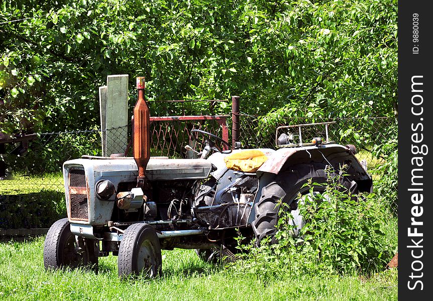 Old dirty tractor in bushes. Old dirty tractor in bushes