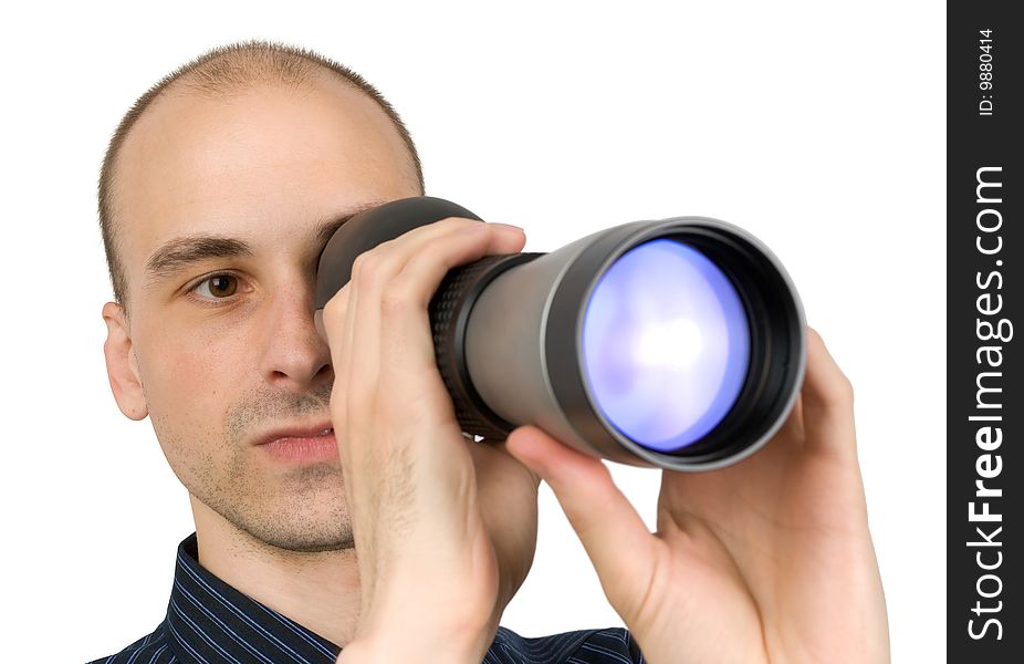 Man looking through spyglass. Isolated on white