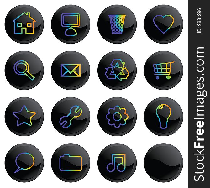 Black shiny buttons with rainbow colored icons. Black shiny buttons with rainbow colored icons