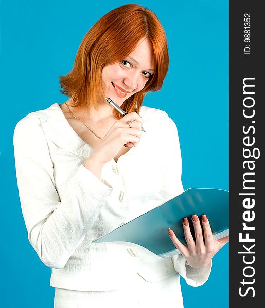 Pretty secretary held folder, isolated on blue background