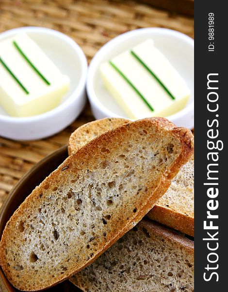 Breakfast set up, bread slices and butter. Breakfast set up, bread slices and butter