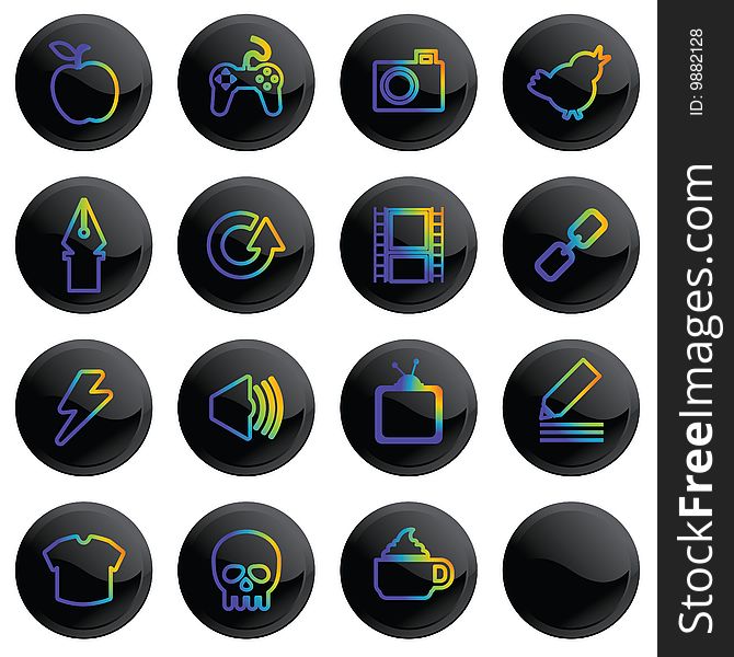 Black shiny buttons with rainbow colored icons set 2. Black shiny buttons with rainbow colored icons set 2