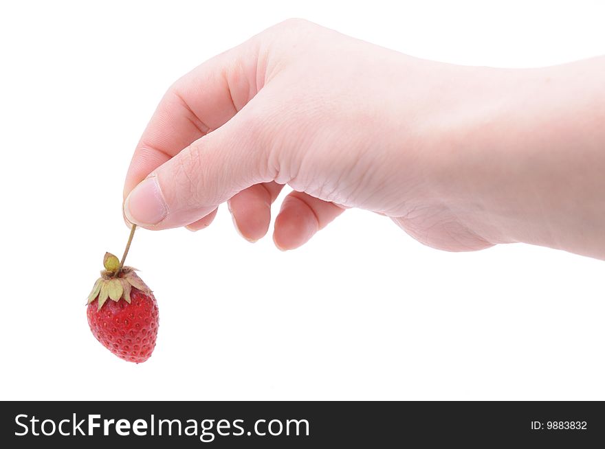 Hand with strawberry isolated on white background. Hand with strawberry isolated on white background