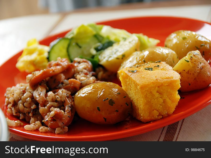 Squids rice with vegetables on red plate, piece on fork. Squids rice with vegetables on red plate, piece on fork