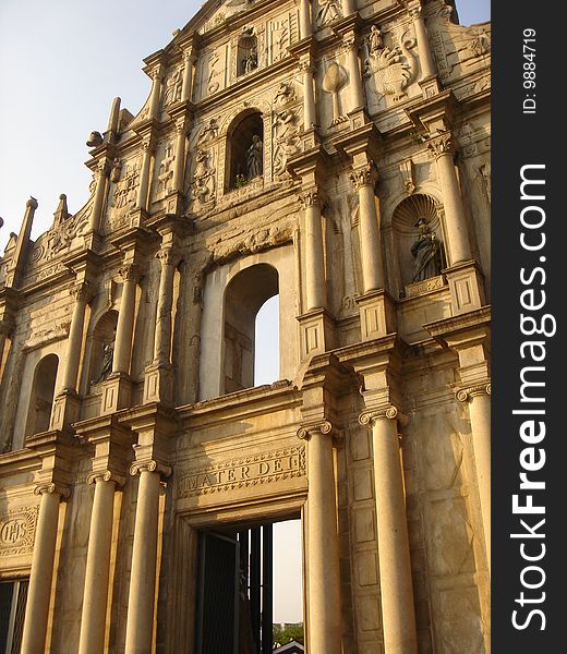 The Ruins of St. Paul's (Portuguese: Ruínas de São Paulo) refer to the façade of what was originally the Cathedral of St. Paul, a 17th century Portuguese cathedral in Macau dedicated to Saint Paul the Apostle. Today, the ruins are one of Macau's most famous landmarks. In 2005, the Ruins of St. Paul were officially enlisted as part of the UNESCO World Heritage Site Historic Centre of Macau.