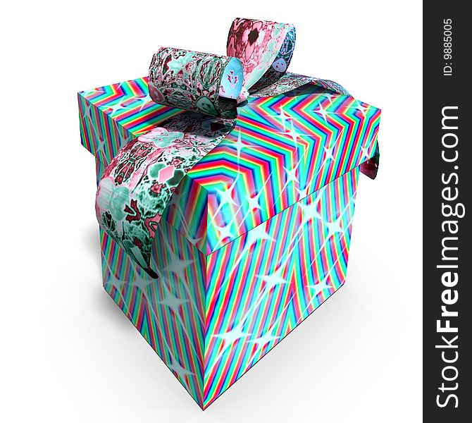 A colorful giftbox with a bow. 3D render with clipping path and shadow over white