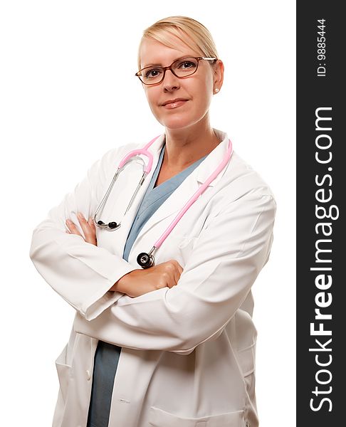 Friendly Female Blonde Doctor Isolated on a White Background.