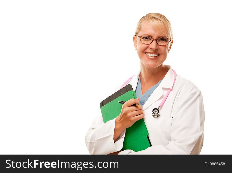 Friendly Female Blonde Doctor Isolated on a White Background.