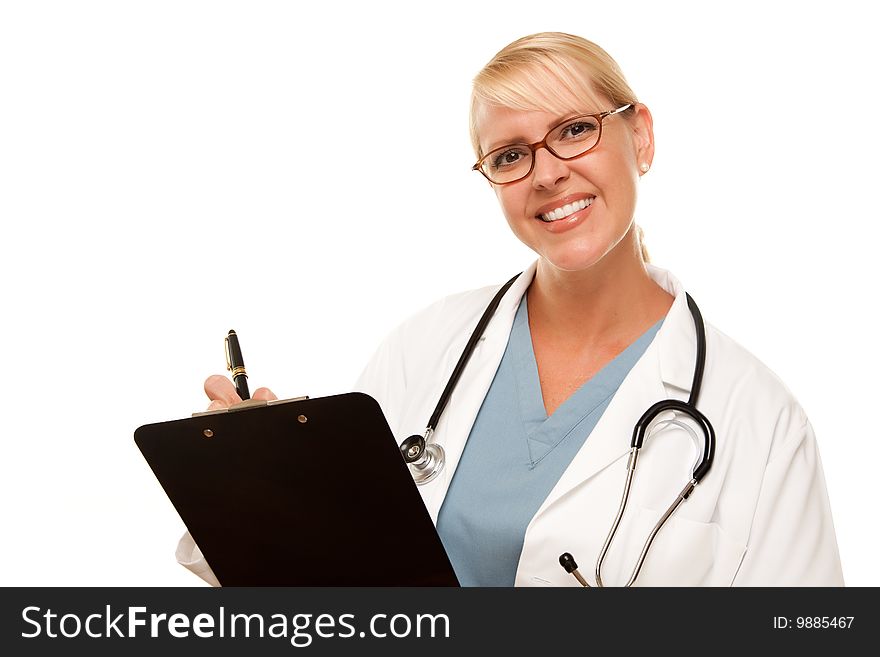 Friendly Female Blonde Doctor Isolated on a White Background.