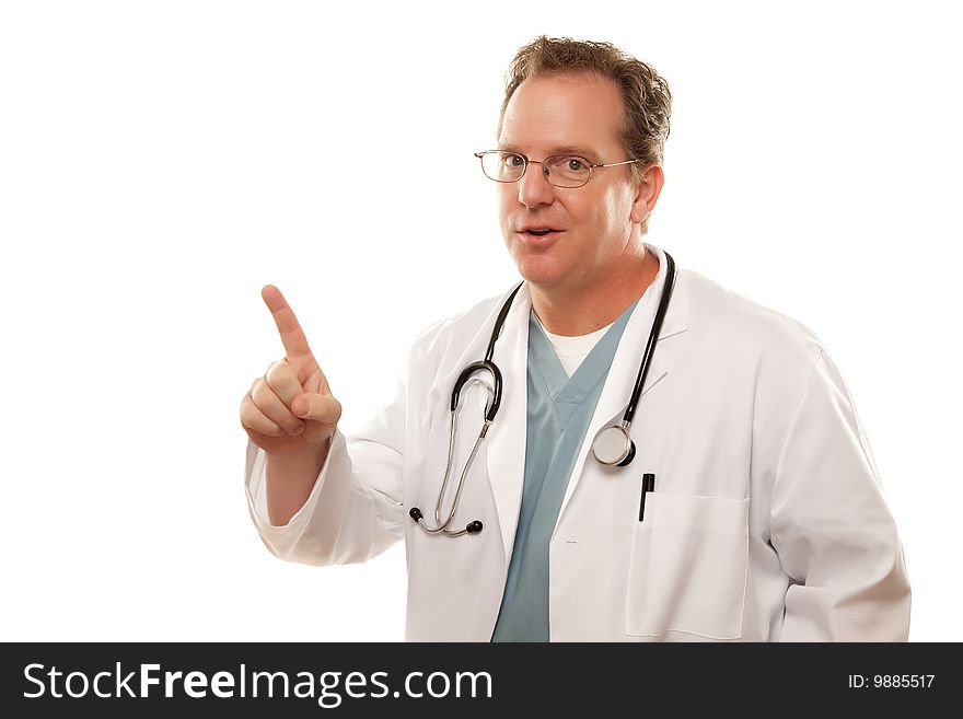 Male Doctor with One Finger Up Isolated on a White Background.