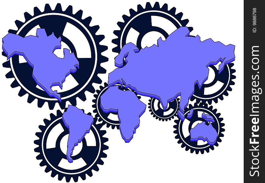 Continents and their interrelation designated by gears in a vector on a white background