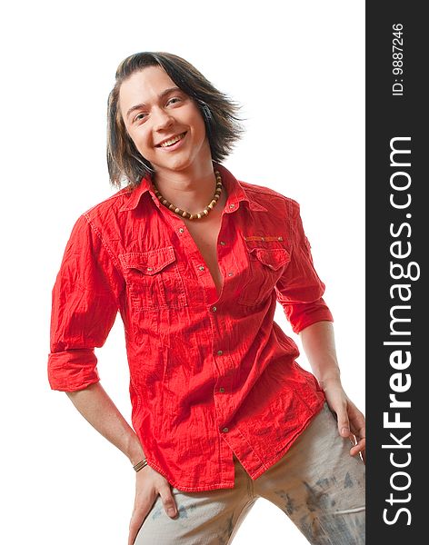 Studio portrait of happy young long-haired guy. Isolated over white. Studio portrait of happy young long-haired guy. Isolated over white.