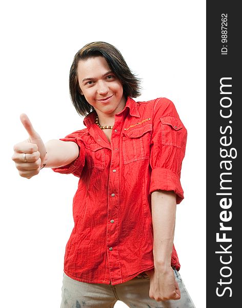 Studio portrait of happy young long-haired guy. Isolated over white. Studio portrait of happy young long-haired guy. Isolated over white.