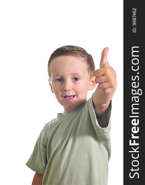 Little cute boy giving ok isolated over white background