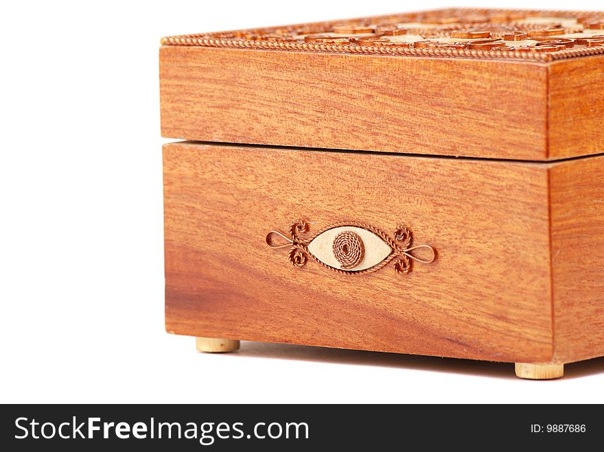 Red Wooden casket with a pattern from a copper wire.