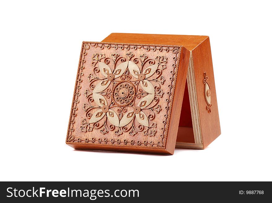 Red Wooden casket with a pattern from a copper wire.