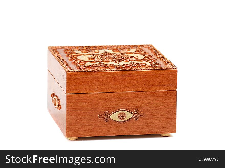 Red Wooden casket with a pattern from a copper wire.