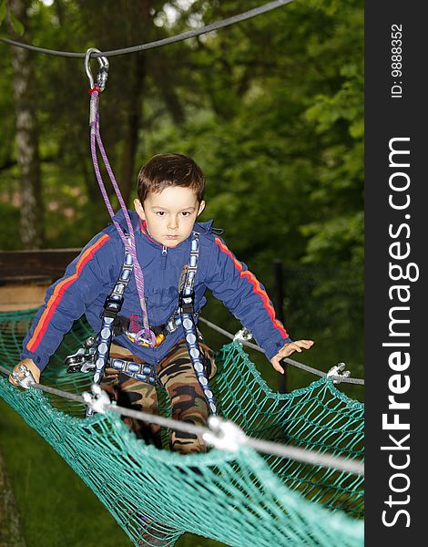 Summer time. Young boy climbing in the forest.