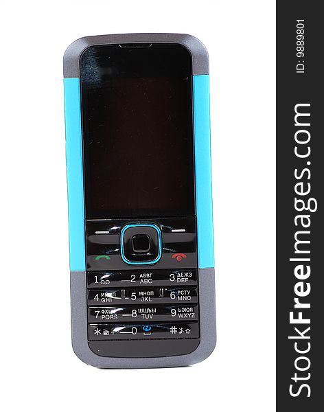 Mobile phone of black colour with buttons and the screen.