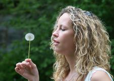 Curly Girl Blow Dandelion Royalty Free Stock Photo