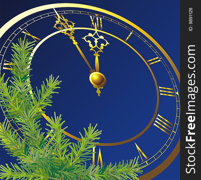 Clock-face with golden hands and fir branch. Clock-face with golden hands and fir branch