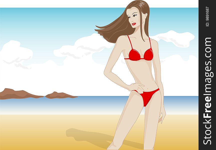 Young girl wearing red bikini on the beach