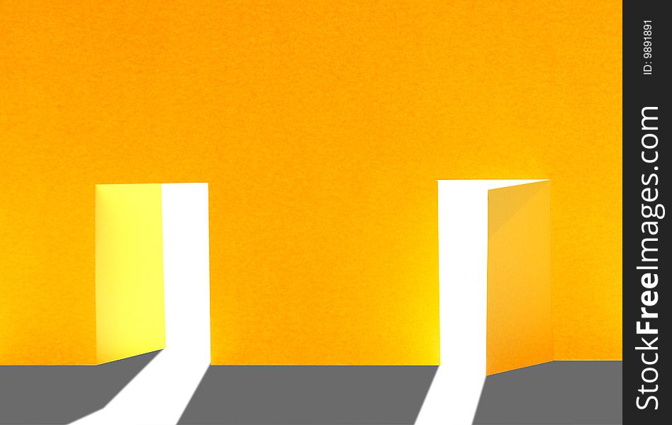 Abstract background with two open doors made from yellow paper. Object with clipping path. Abstract background with two open doors made from yellow paper. Object with clipping path