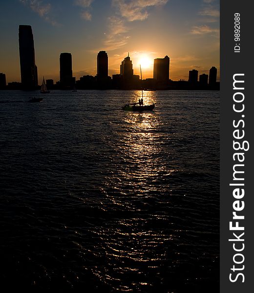 Sunset at battery Park City in New York city, USA.