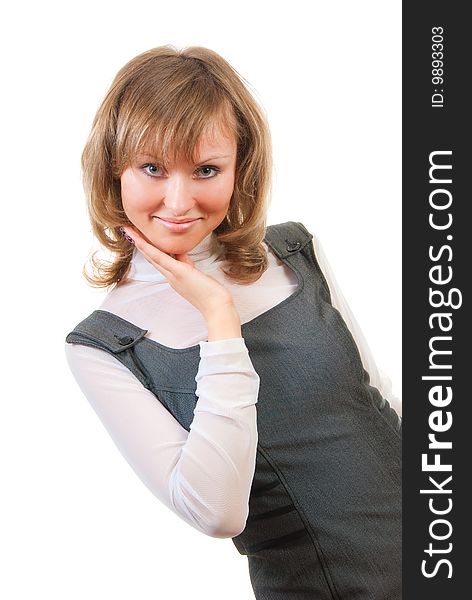 Studio portrait of a young cute blonde. Isolated over white.