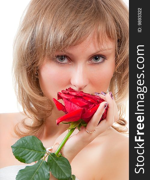 Beautiful blonde face portrait with red rose