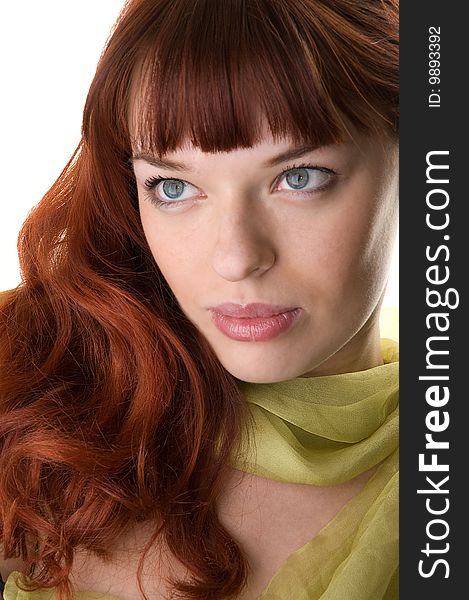 Red haired woman and a scarf close-up. Red haired woman and a scarf close-up