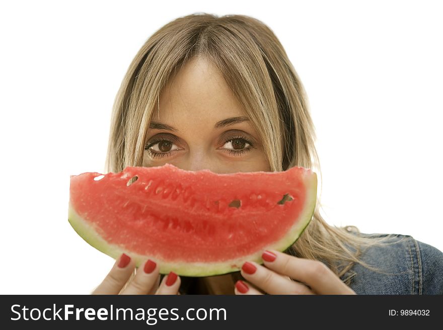 A young woman about to enjoy the perfect slice of watermelon. Isolated on white. A young woman about to enjoy the perfect slice of watermelon. Isolated on white