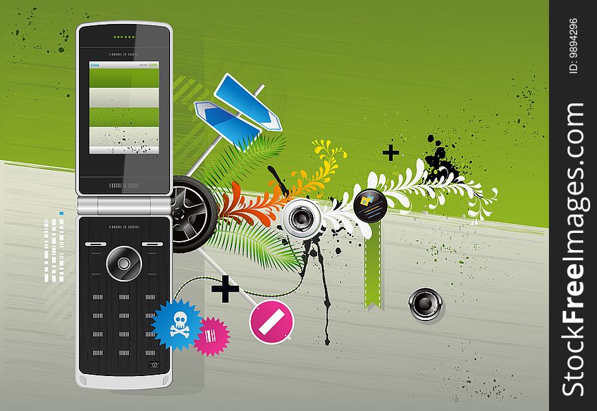 Illustration of a cellular phone with patterns on the background