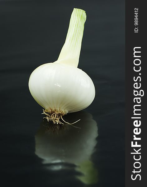 White onion with reflection on black background. White onion with reflection on black background