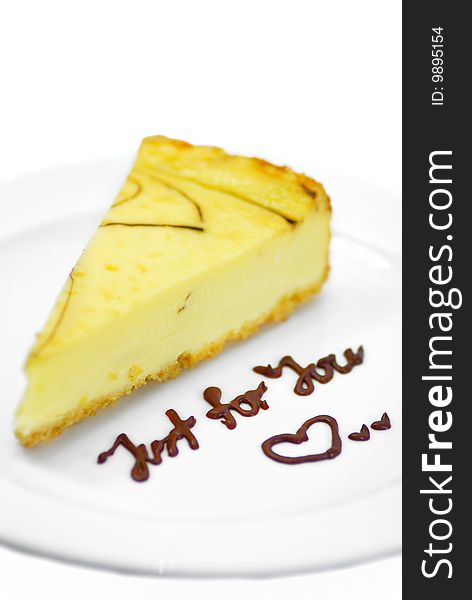 Isolated Cheese Cake with Chocolate Love Wording. Isolated Cheese Cake with Chocolate Love Wording