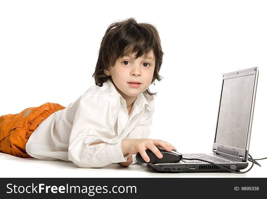 The Merry Boy With Laptop On White Background