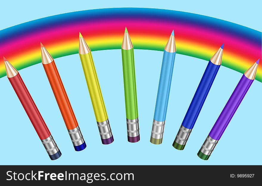 Seven colored pointed pencils and a rainbow in the background. Seven colored pointed pencils and a rainbow in the background