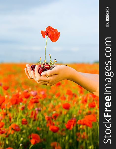 Hand with cherry and poppy on sky background