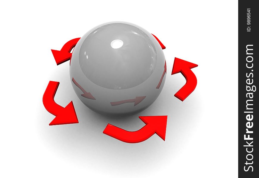 3d illustration of sphere and arrows around, cycle symbol