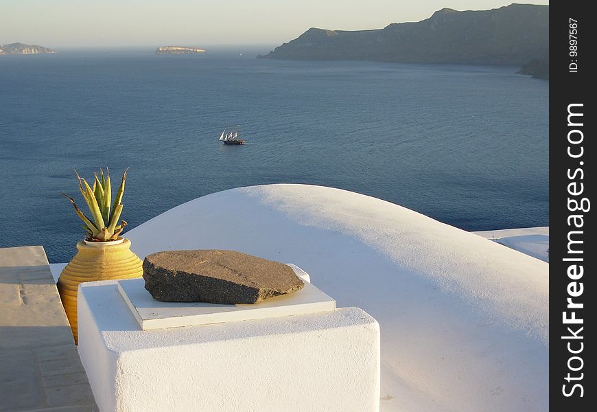 Terrace overlooking Santorini island in greece