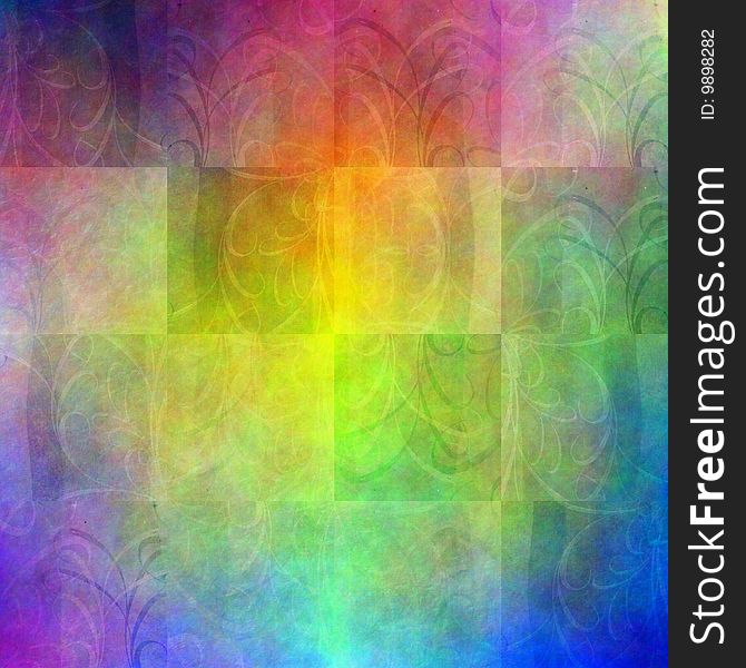 Grunge patchwork chess board like abstract tile with Psychedelic Colors nuances. Grunge patchwork chess board like abstract tile with Psychedelic Colors nuances.