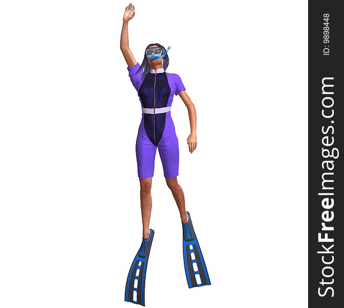 Female diver in colorful diving suit. 3D render with clipping path and shadow over white. Female diver in colorful diving suit. 3D render with clipping path and shadow over white
