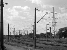 Industrial High Voltage Power Lines And Train Tracks Stock Photos Industrial High Voltage Power Lines And Train Tracks Stock Photos