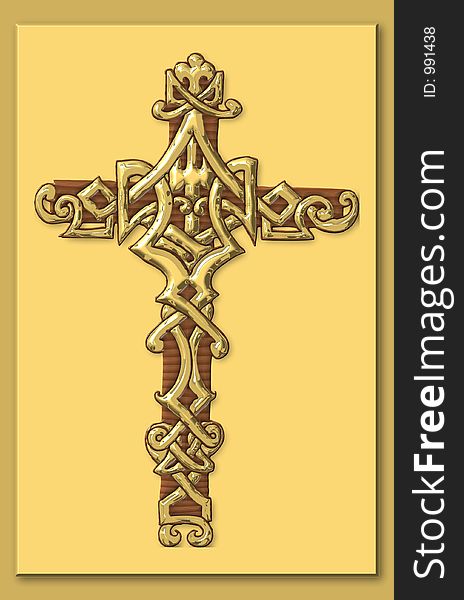 Computer generated golden cross with wooden background